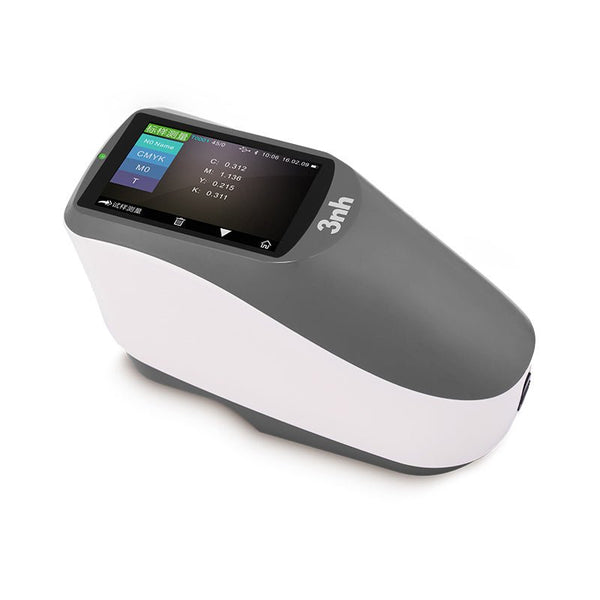 Gray and white portable spectrodensitometer by 3nh, showing a screen display with CMYK values.